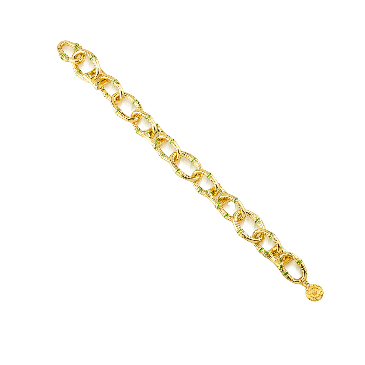 Bangkok Bamboo Link Bracelet, 7.25" - Gold/Green Enamel - Image 3