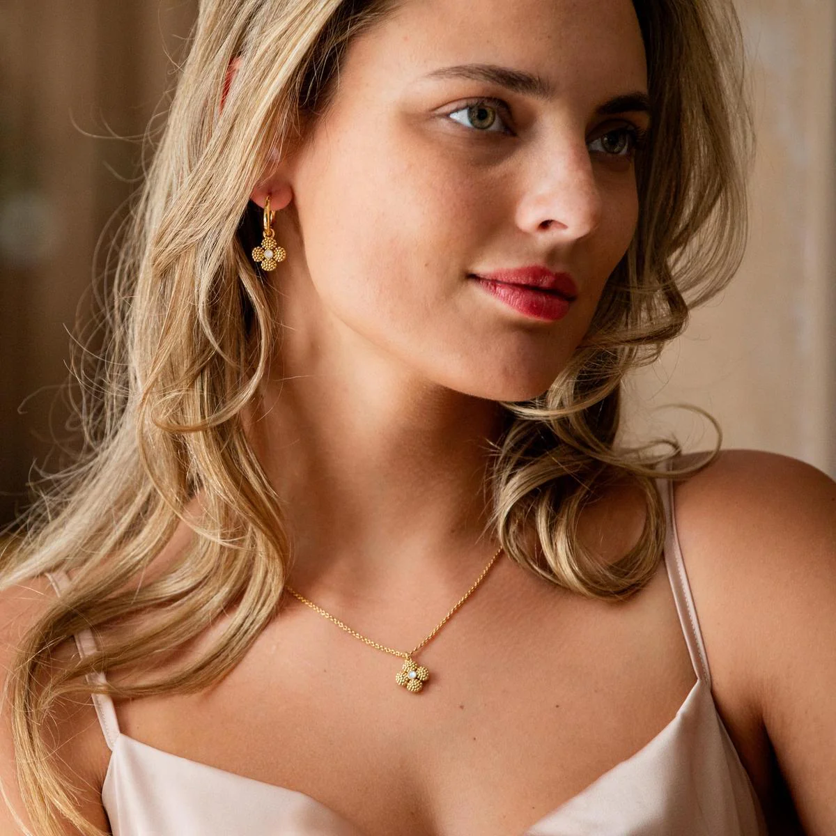 Berry Clover Double Sided Charm Necklace, 16"+2" - Pearl White - Image 5