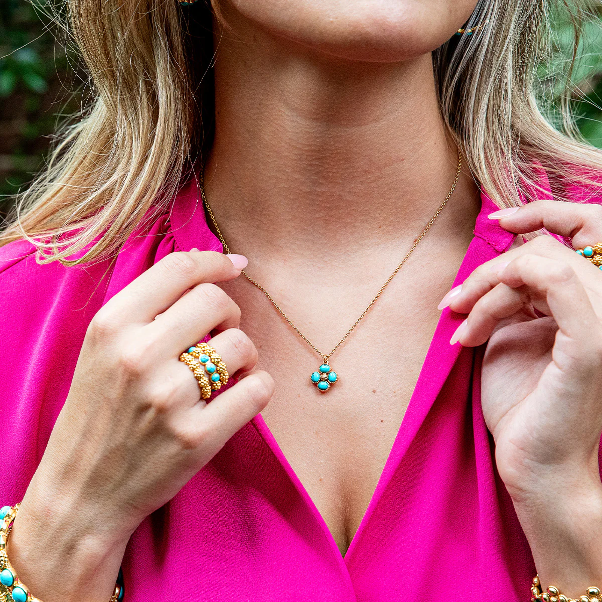 Berry Clover Double Sided Charm Necklace, 16"+2" - Turquoise - Image 5