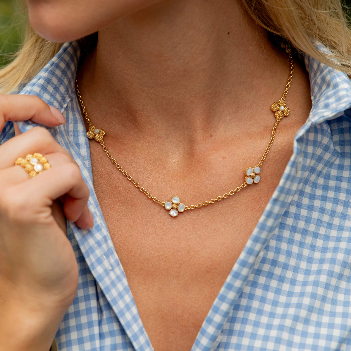 Berry Clover Double Sided Necklace, 16"+2" - Pearl White - Image 5