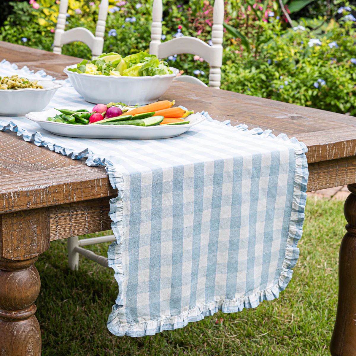 Gingham Ruffle 18" x 90" Table Runner - Ocean - Image 4