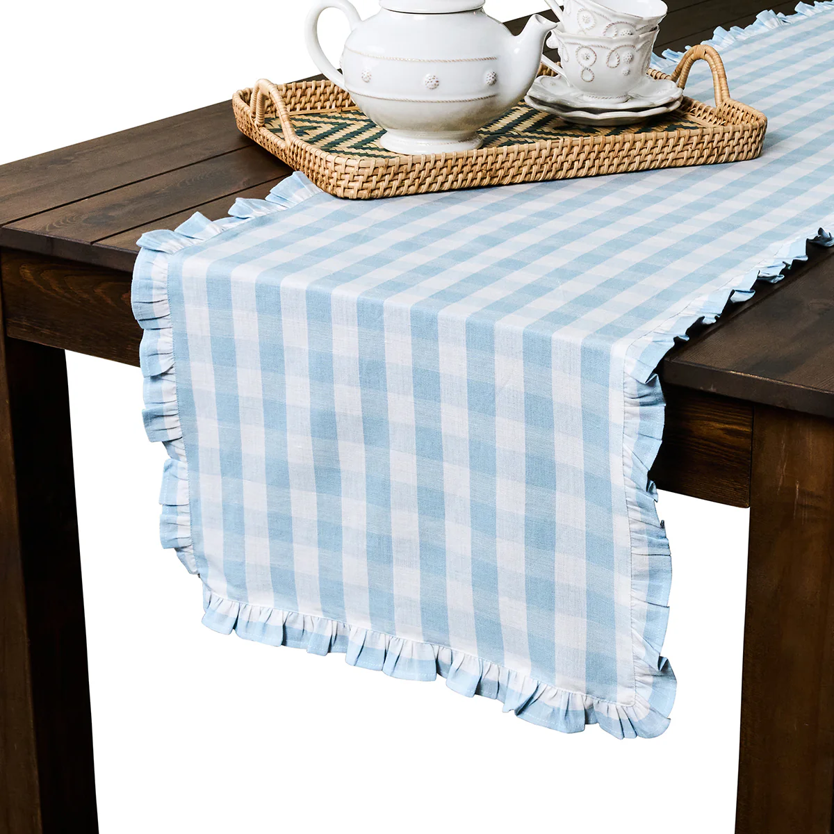 Gingham Ruffle 18" x 90" Table Runner - Ocean - Image 5
