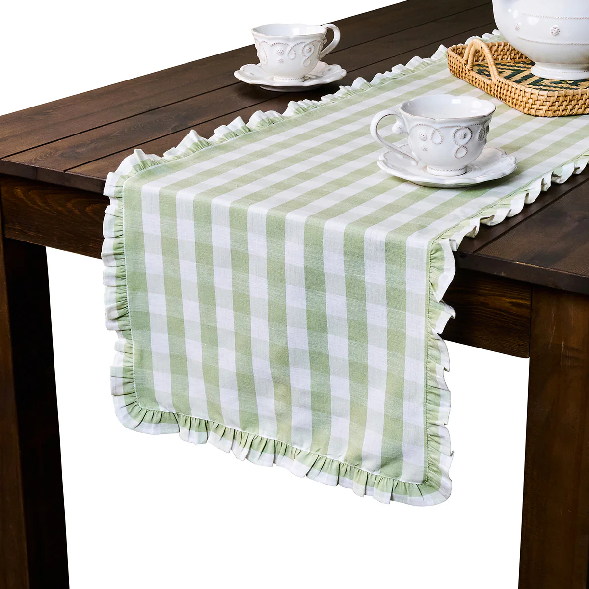 Gingham Ruffle 18" x 90" Table Runner - Seagrass - Image 2