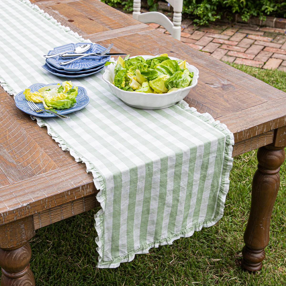 Gingham Ruffle 18" x 90" Table Runner - Seagrass - Image 3