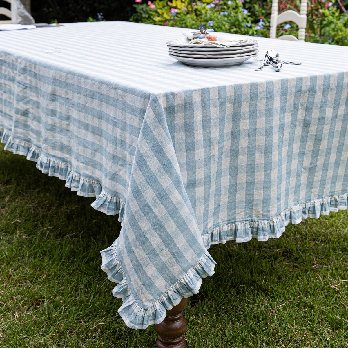 Gingham Ruffle 60" x 120" Tablecloth - Ocean - Image 3