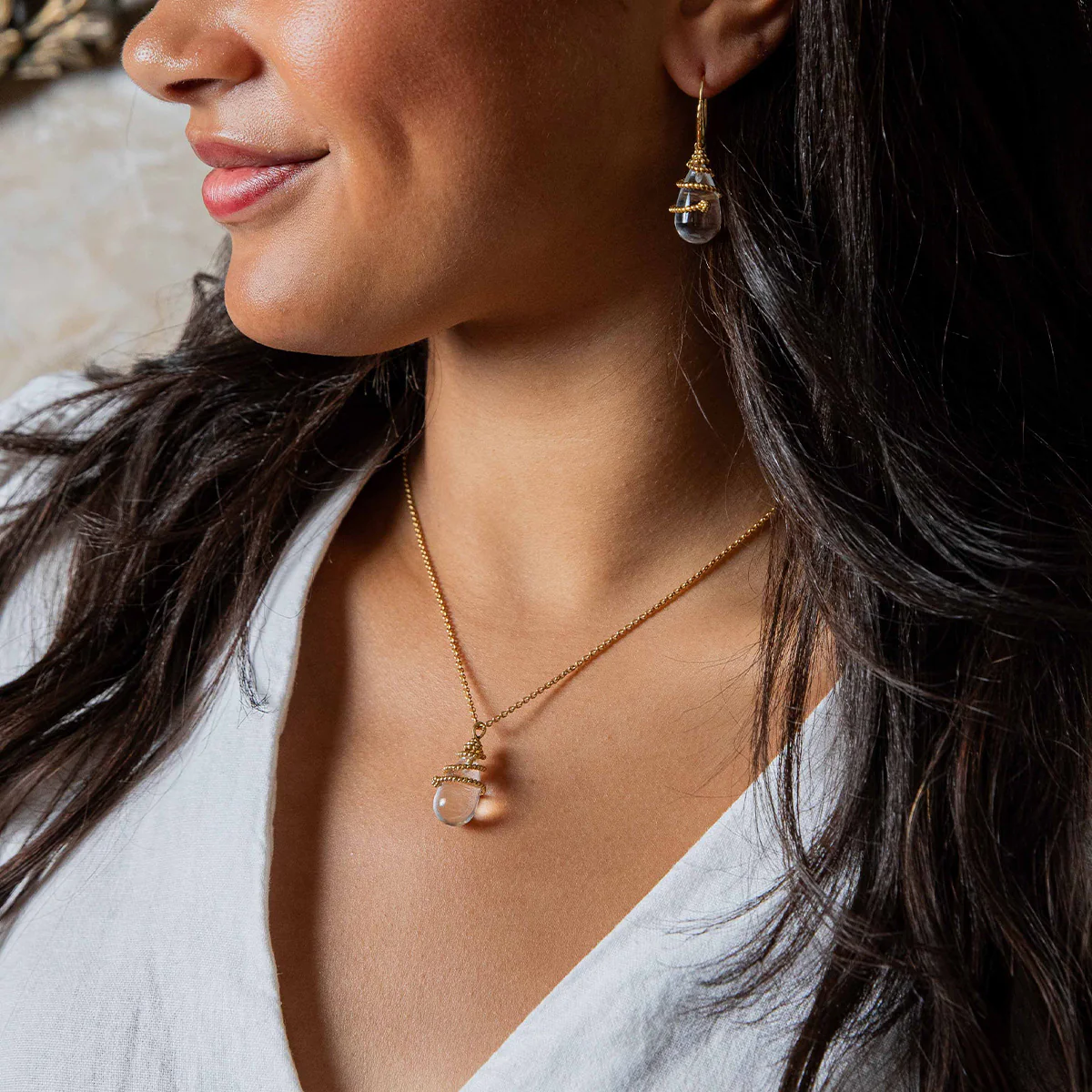 Lily Charm Necklace, 16"+2" - Clear Quartz - Image 4
