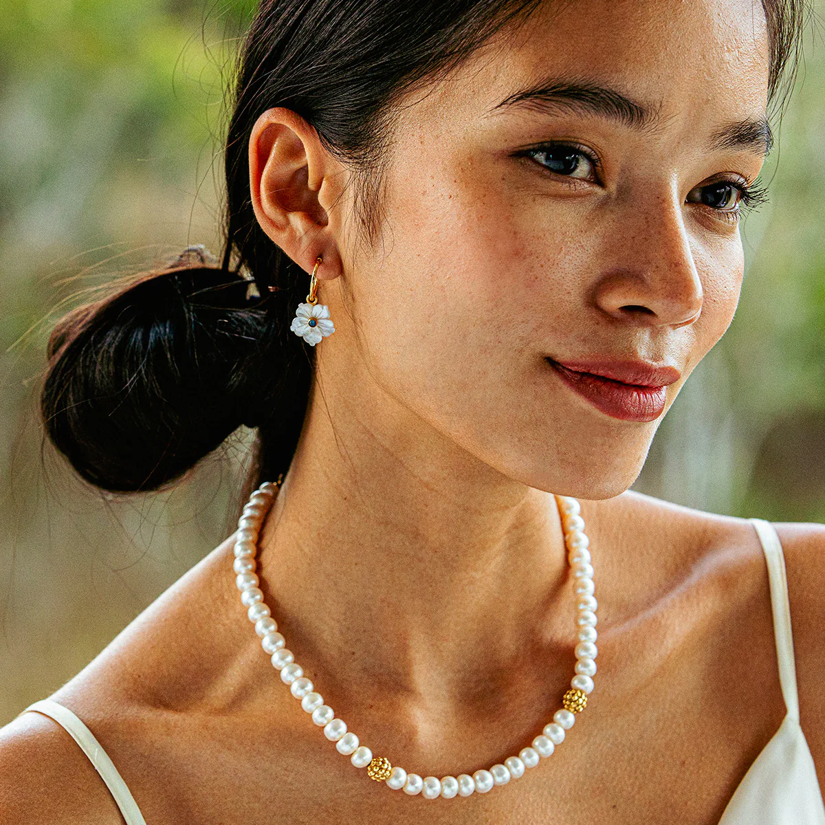 Mermaid Garden Hoop Earrings with Flower Charm - MOP - Image 6