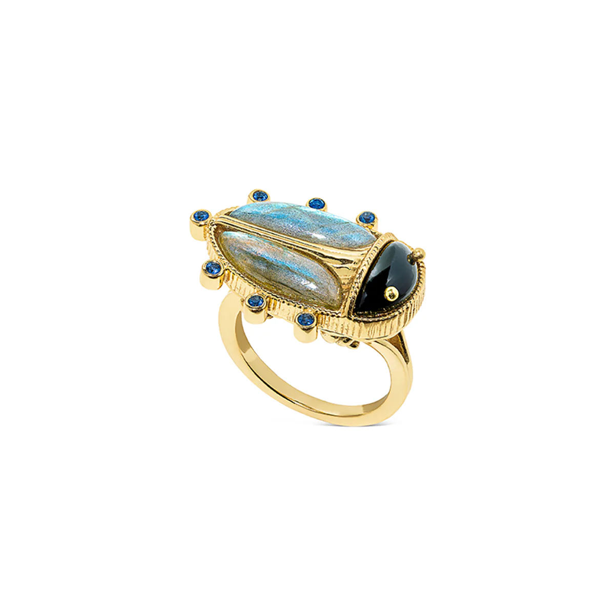 Scarab Ring - Black Agate/Blue Labradorite - Size 7